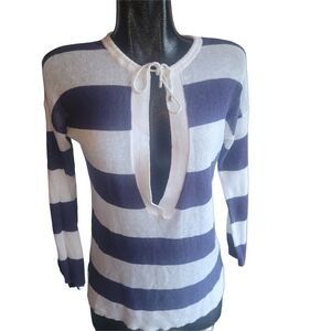LOFT Navy and White Linen Blend V-Neck Long Sleeve Light Knit Top Size S